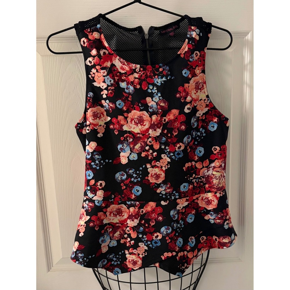 Material Girl Women's XL Black Floral Mesh Back Sleeveless Peplum Top